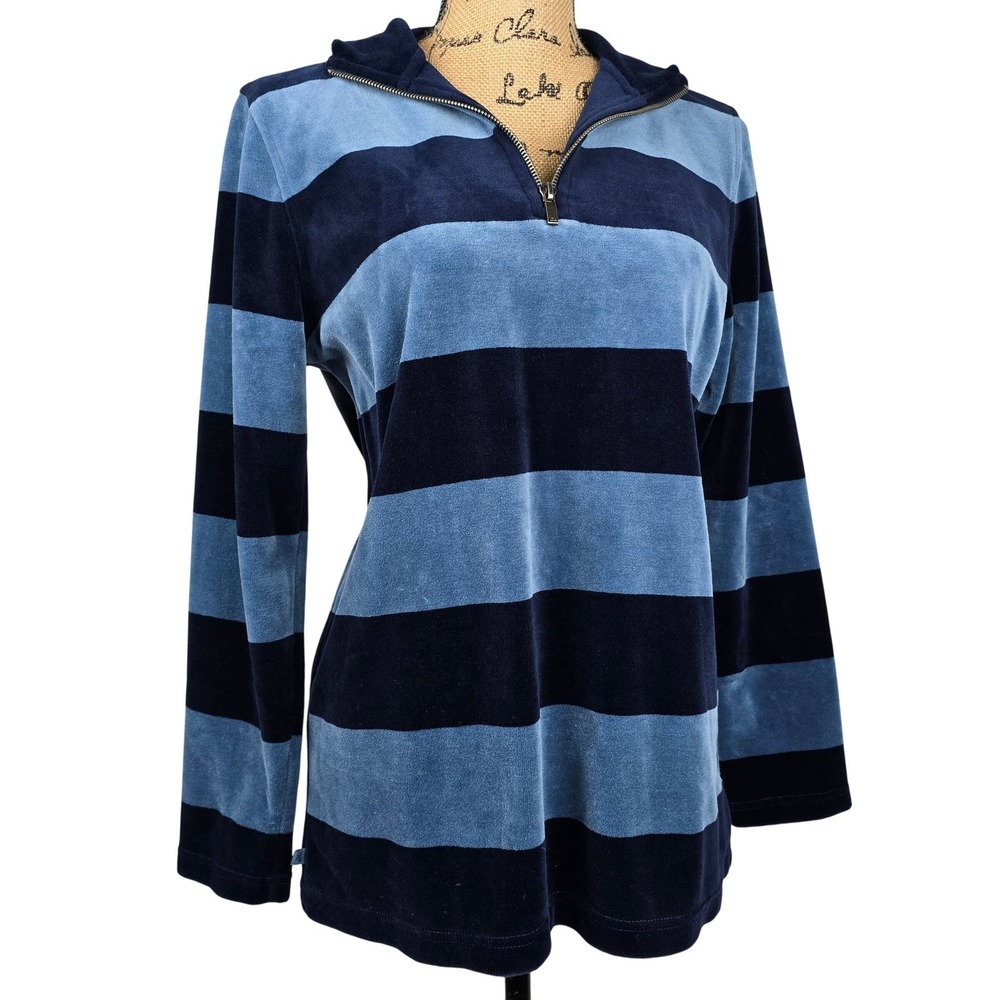 Classy Lauren Ralph Lauren Petite Small Velour Striped Half Zip Pullover Blue